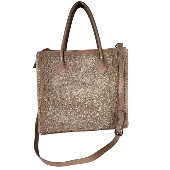 Roberto Pancani Laser Cut Leather Tote Satchell Crossbody | Tan Peach Italy - Picture 1 of 14